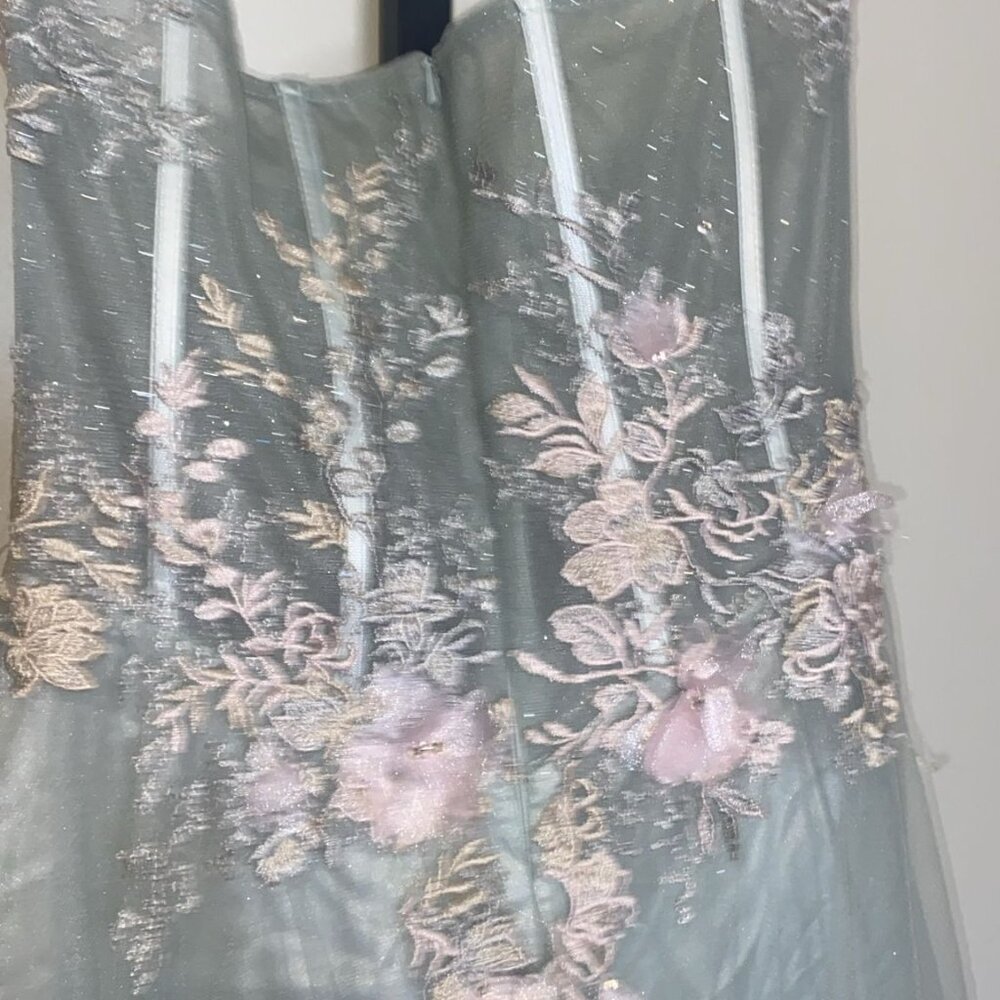 Dillard's GB Bow Strap Sweetheart Neck Corset Bodice Floral Slit Hem Dress - Picture 7 of 10